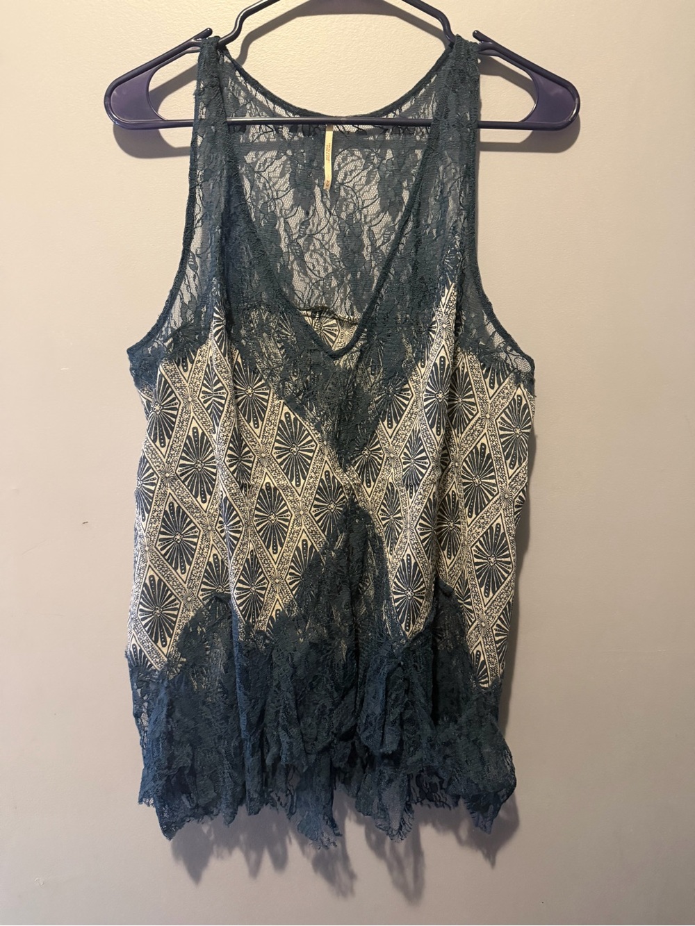 Free People Teal Lace-Trim Printed Camisole M
